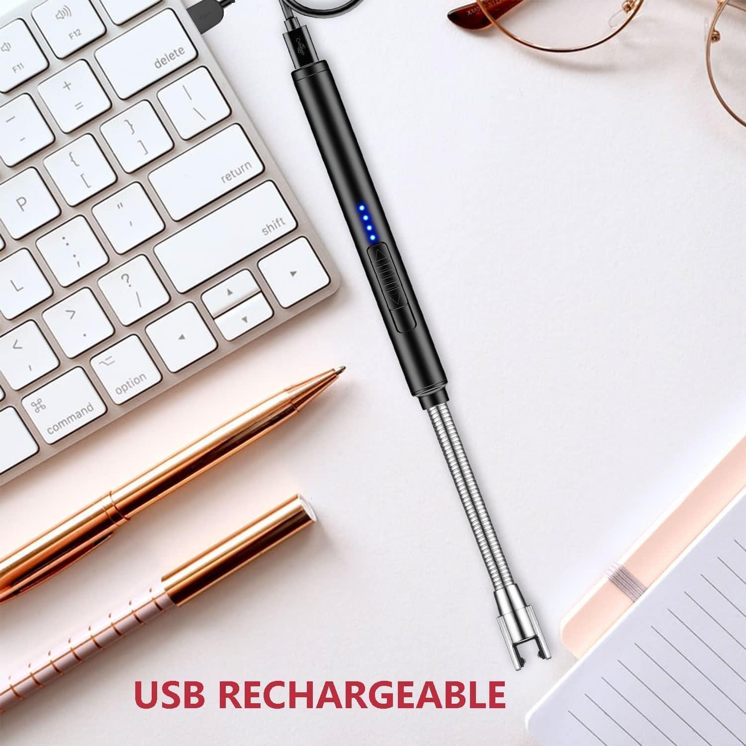 Candle Lighter 2 Pack USB Rechargeable Safety Arc Windproof Long Lighter for Candle Aromatherapy Camping Grill Family Home Use(Black&Rose Gold)