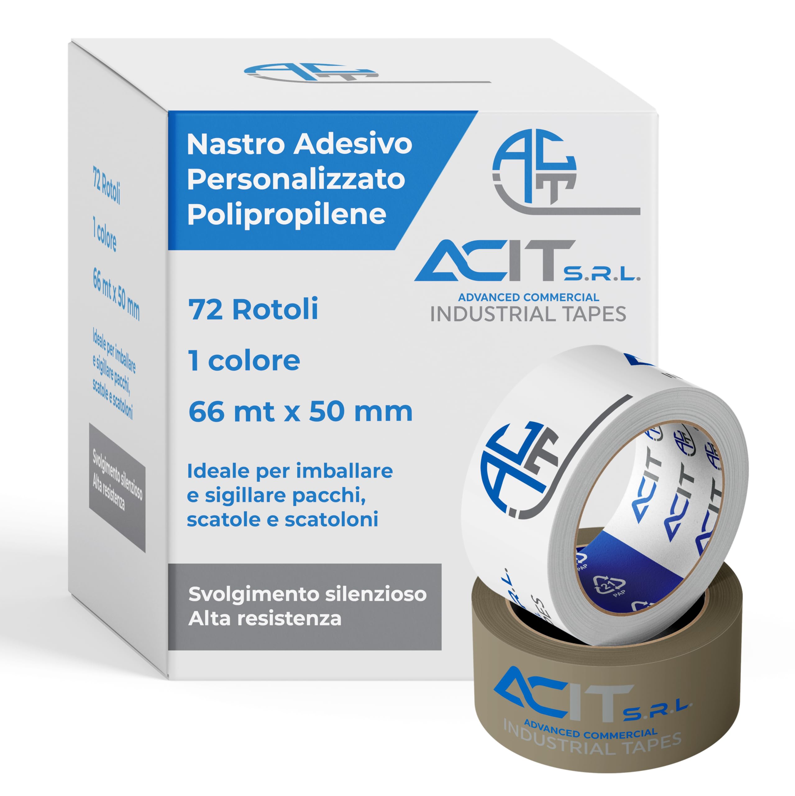 ACIT Nastro adesivo personalizzato, Nastro da imballaggio per pacchi e scatoloni per trasloco, nastro adesivo personalizzato con logo, 72 rotoli un colore, 66 o 132mt (66mt)