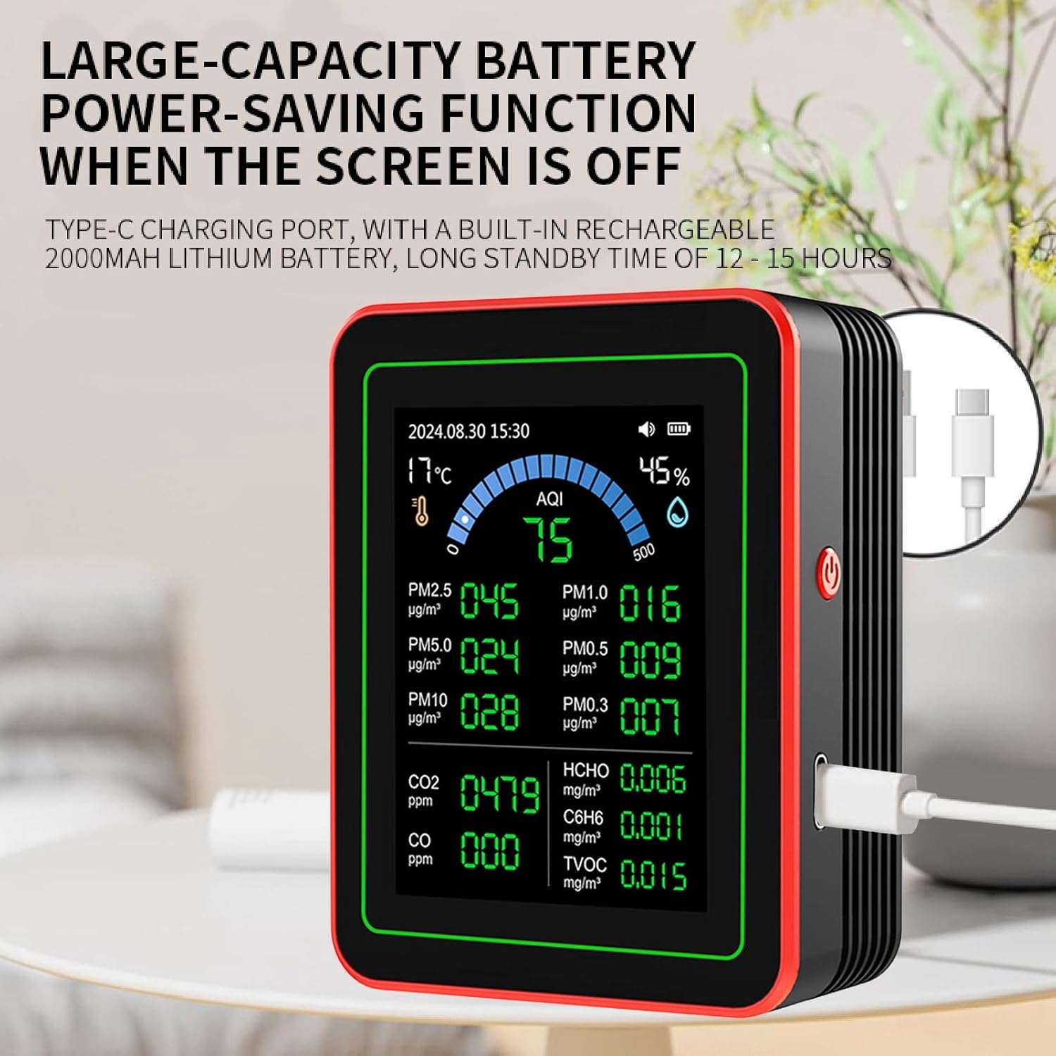 Zhjvihx Indoor Air Quality Meter, 18 in 1 CO2 TVOC HCHO PM2.5 PM10 Temp Humidity Data Storage Black, with 2.8in HD Screen 7h Battery, Highly Sensitive Sensors, Data Curve Display - Image 3