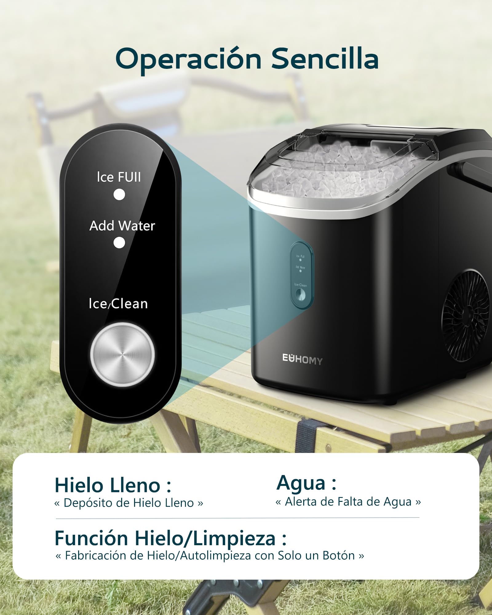 EUHOMY Máquina de cubitos de hielo, 15 kg/24h, fabricación en 6 minutos, máquina de hielo triturada, limpieza automática, 120 W, máquina de cubitos de hielo de mesa, sensor infrarrojo Negra