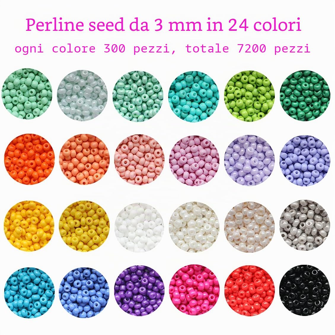 Perline seed di vetro 8/0 da 3mm - 7200 pezzi, 24 colori, kit di perline sfuse per artigianato con scatola di plastica a 24 scomparti per la creazione di gioielli