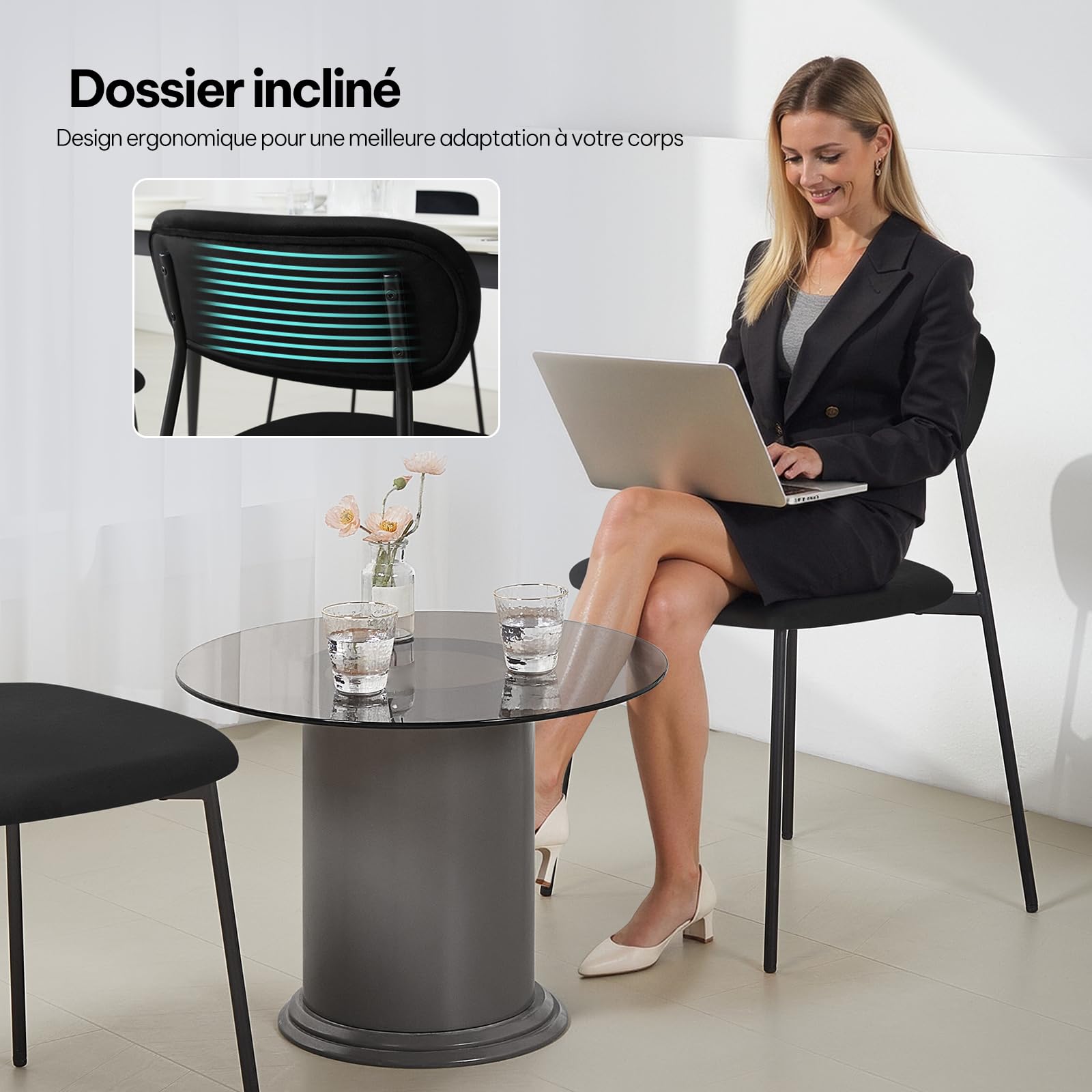 Lestarain Lot de 6 chaises de salle à manger, de cuisine, rembourrées, pour salle à manger, cuisine, salon, pieds en métal, siège en velours, noires