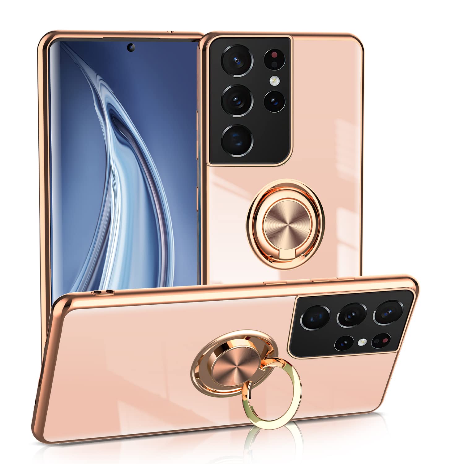 Phone Case for Samsung Galaxy S21 Ultra 5G 6.8" 2021 Ring Holder Case Shiny Plating Rose Gold Edge 360 Degree Rotation Kickstand for Women Girls Slim Soft Flexible TPU Protective Cover Case (Milky)