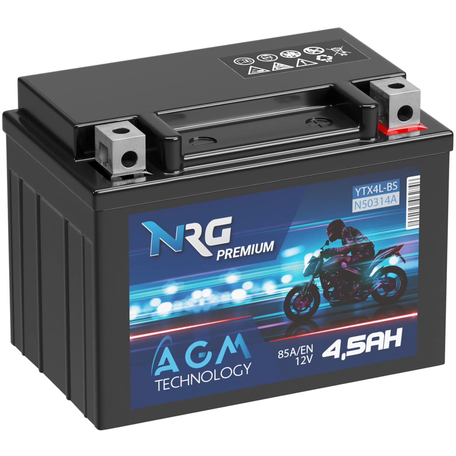 NRG Premium YTX4L-BS AGM Roller Batterie 4,5Ah 12V 85A/EN Motorradbatterie 50314 CTX4L-BS GTX4L-BS auslaufsicher wartungsfrei ersetzt 4Ah 5Ah