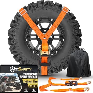 Y Strap for Spare Tire,3 Ratchet Straps Tie Down, Heavy Duty Spare Tire Strap for UTV,Roof Rack Spare Tire Mount,Pickup TrucksOrange