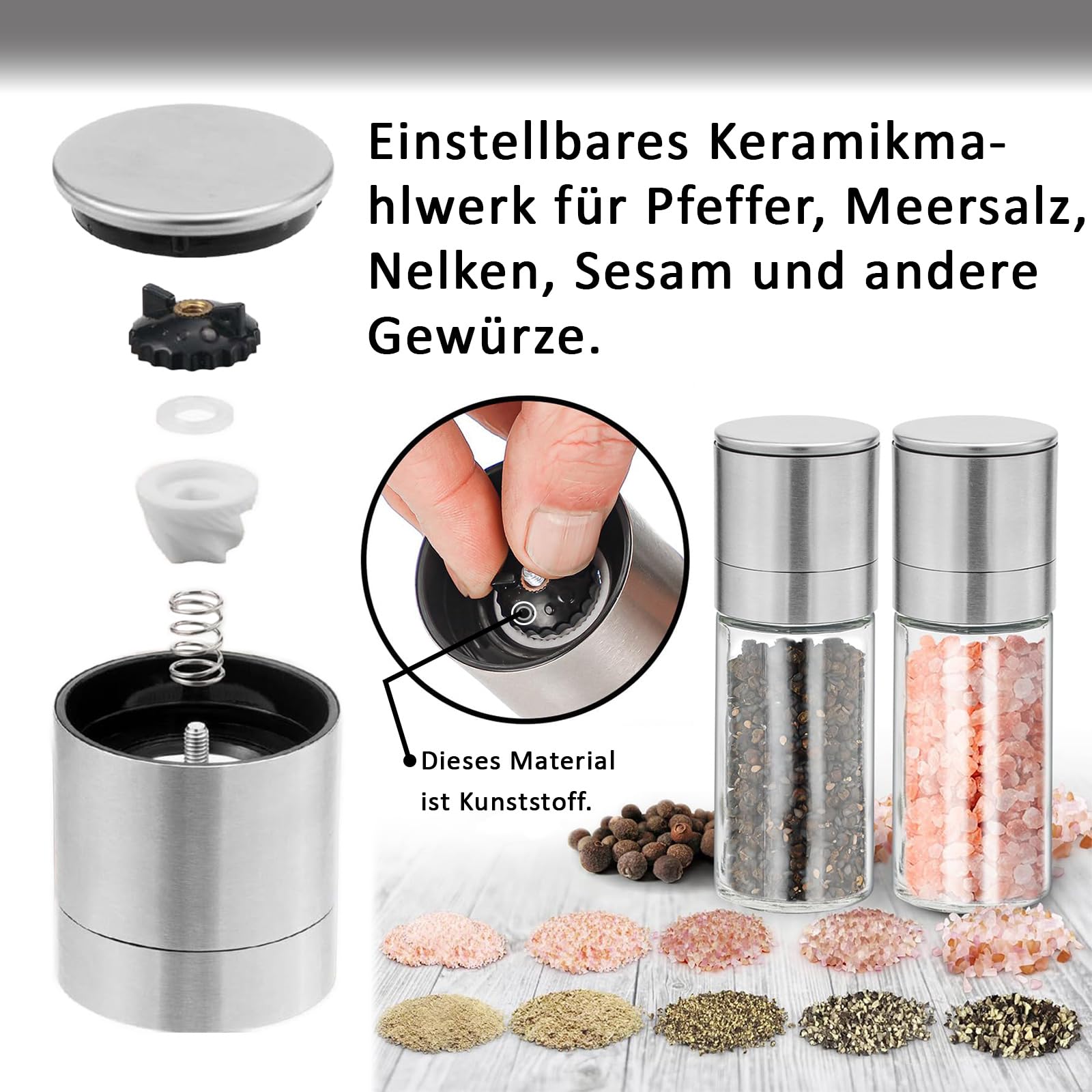 Zolmer® Zout- en pepermolen, set van 2 stuks, kruidenmolen van roestvrij staal, instelbaar keramisch maalwerk, 2-delig, vaatwasmachinebestendig Zolmer® Zout- en pepermolen, set van 2 stuks, kruidenmolen van roestvrij staal, instelbaar keramisch maalwerk, 2-delig, vaatwasmachinebestendig