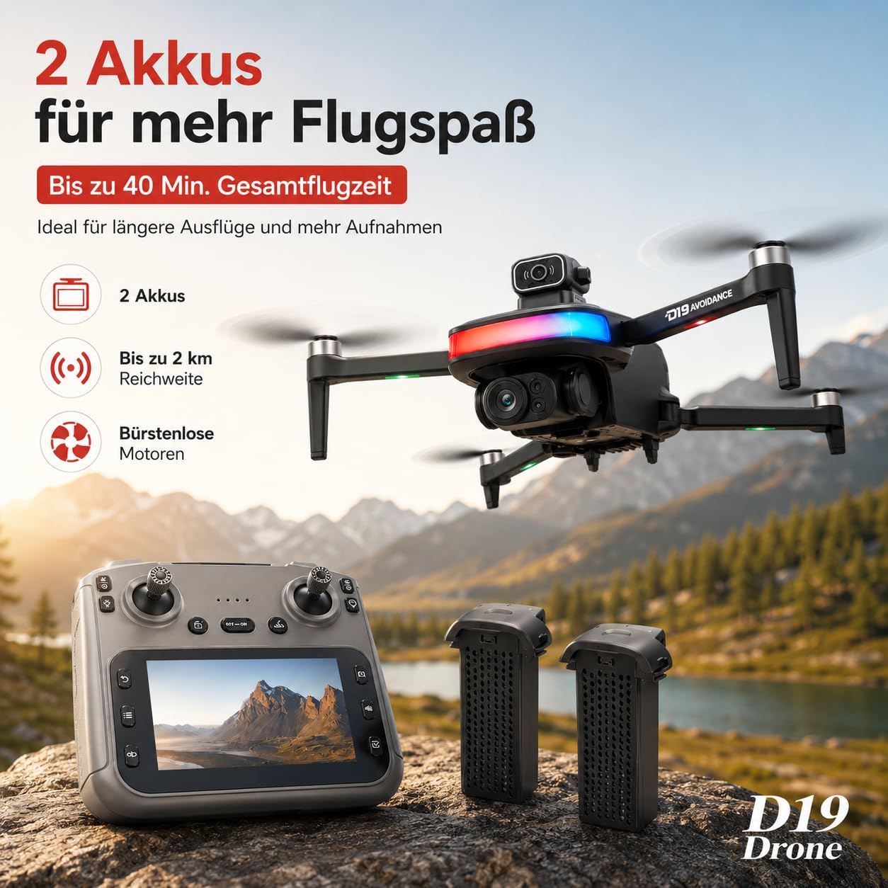 Faltbare GPS Drohne mit Kamera 1080P HD, Dual-Kamera, 4,5'' Bildschirm Fernsteuerung, bürstenlose Motoren, 2 Akkus (40 Min), Follow Me, 360° Orbit, Waypoint, Optical Flow, Hinderniserkennung