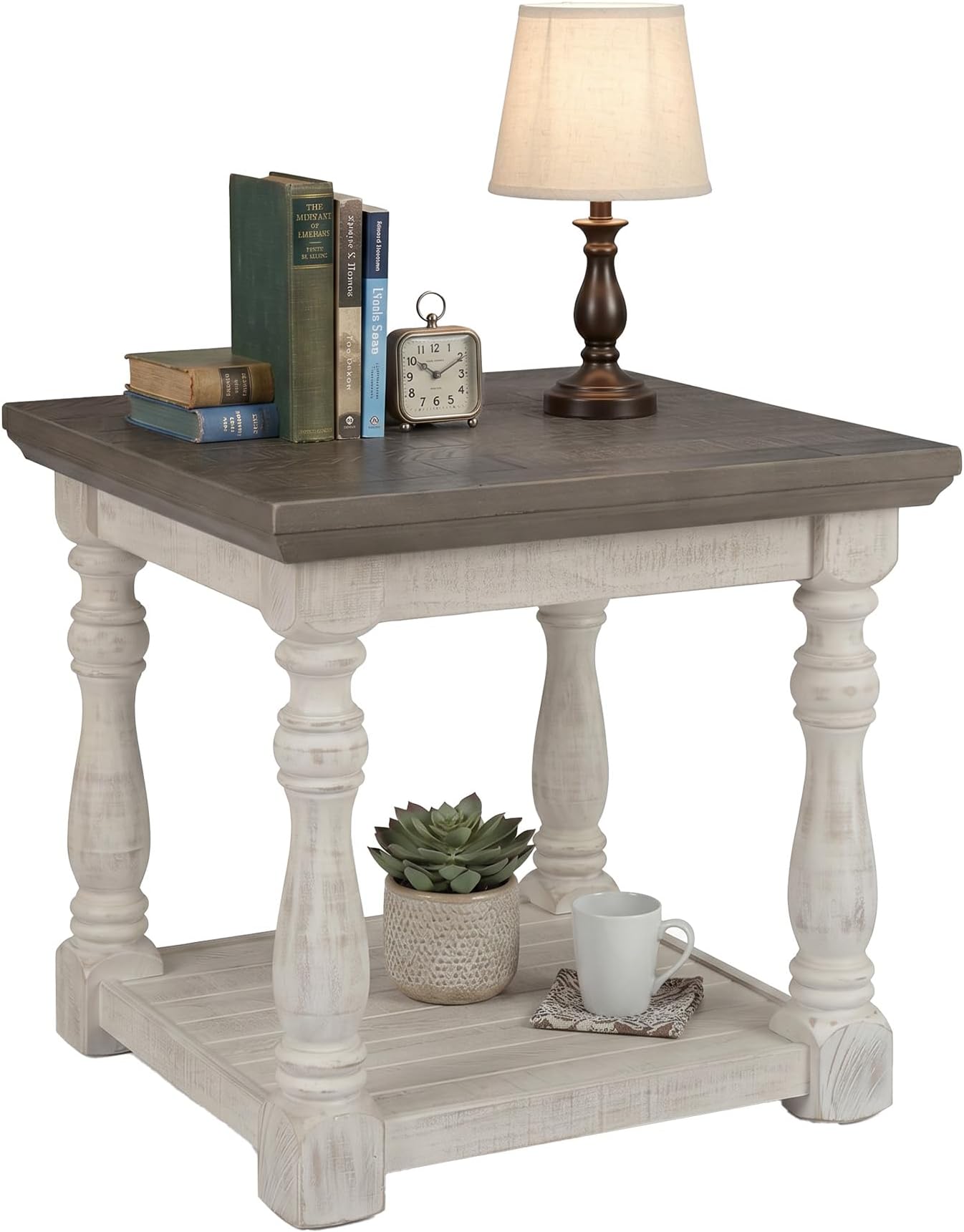 Havalance Farmhouse Rectangular End Table, Floor Shelf, Wood, 26" W x 24.13" D x 24" H, Vintage Gray & White with Weathered Finish