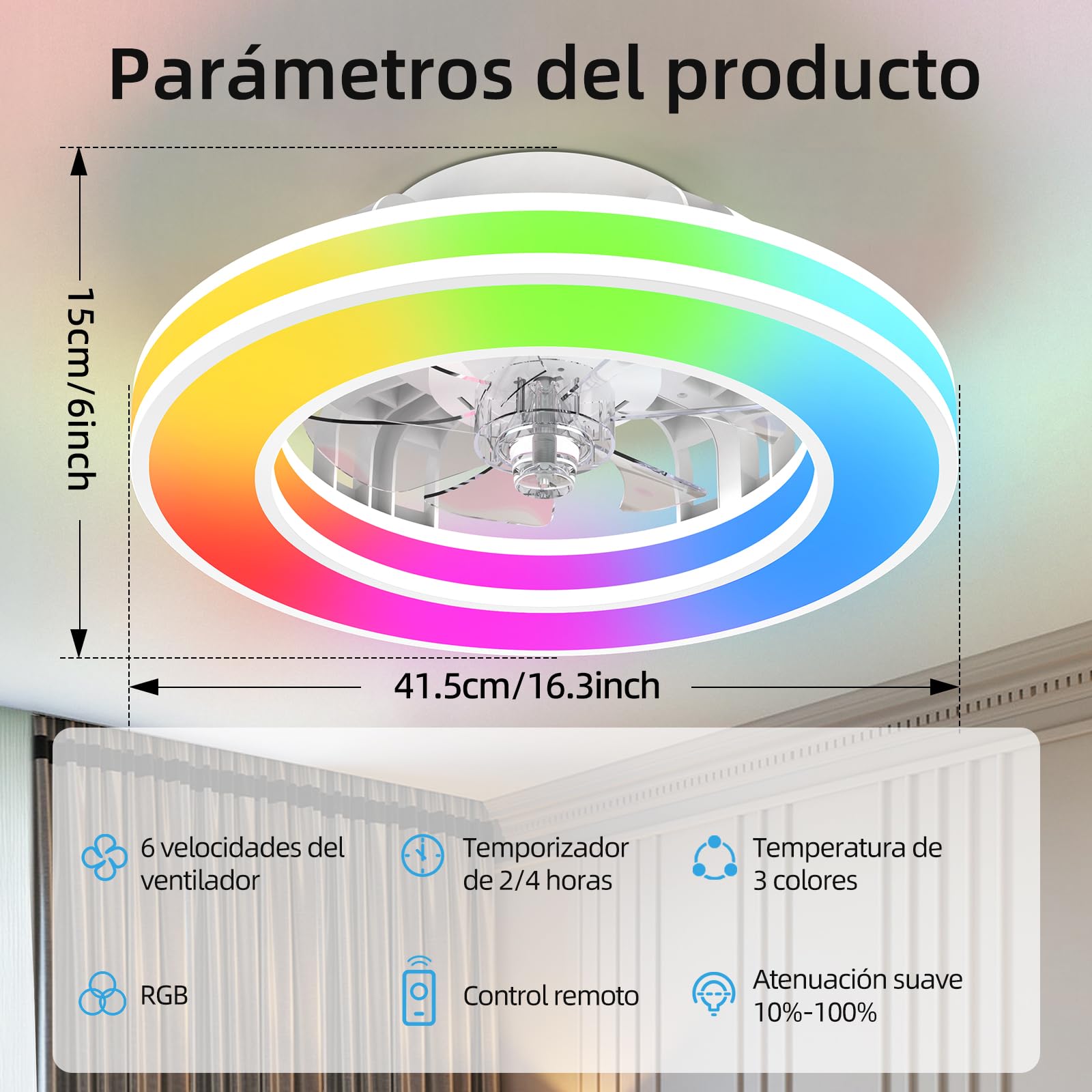 Ateroll Ventilador de Techo con Luz 41.5CM, Ventiladores de Techo 25W, Regulable 3000K-6500K-RGB, 6 Velocidad del Viento con Control Remoto, Temporizador, Memoria de Luz, Ventilador Reversibles