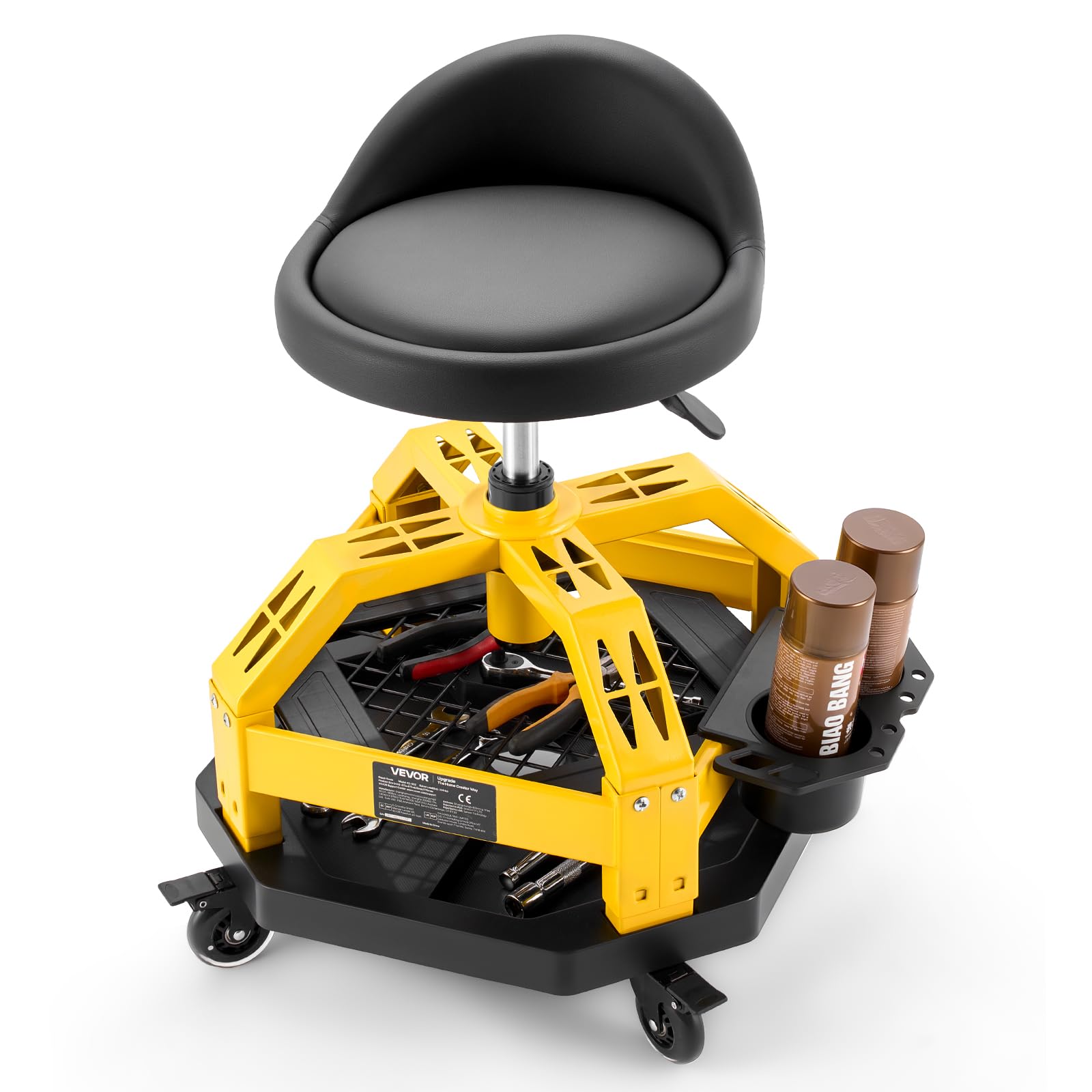 VEVOR Taburete de Taller con Ruedas Capacidad de 150 kg, Taburete Mecánico Altura Ajustable de 50-65 cm, Asiento de Mecánica Giratorio de 360°, con Respaldo, Bandeja para Herramientas, para Garaje