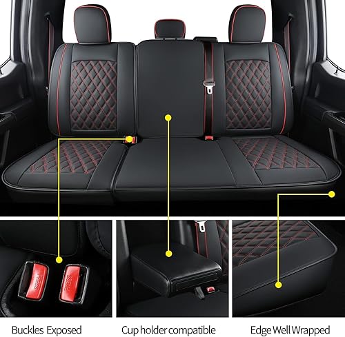Miniatura 7 de LUCKYMAN CLUB Fundas de asiento de piel sintética F150 para camionetas 2015-2025 F150 y 2017-2025 F250 F350 F450 (juego completo, negro y rojo)