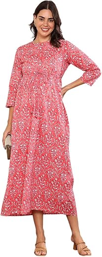 MomToBe Women's Cotton Maternity Dress with Zippers for Nursing Pre and Post Pregnancy
