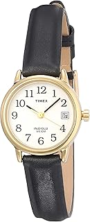 Timex Reloj anal&oacute;gico b&aacute;sico de cuarzo con correa de cuero y fecha, para mujer.