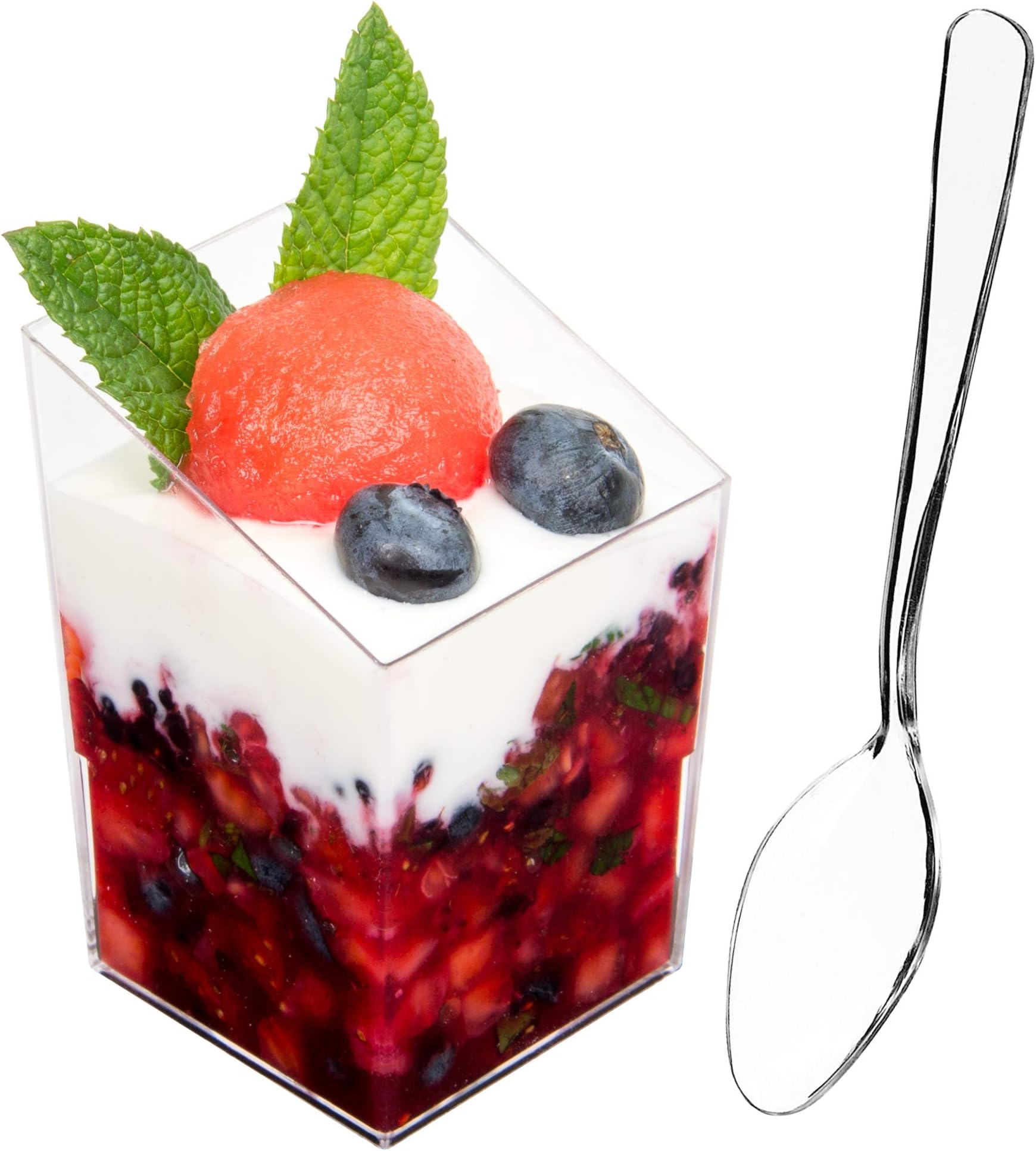 32 x 3 oz Mini Dessert Cups with Spoons, Square Slanted - Clear Plastic Parfait Appetizer Cup - Small Reusable Serving Bowl for Tasting Party Desserts Appetizers - With Recipe Ebook