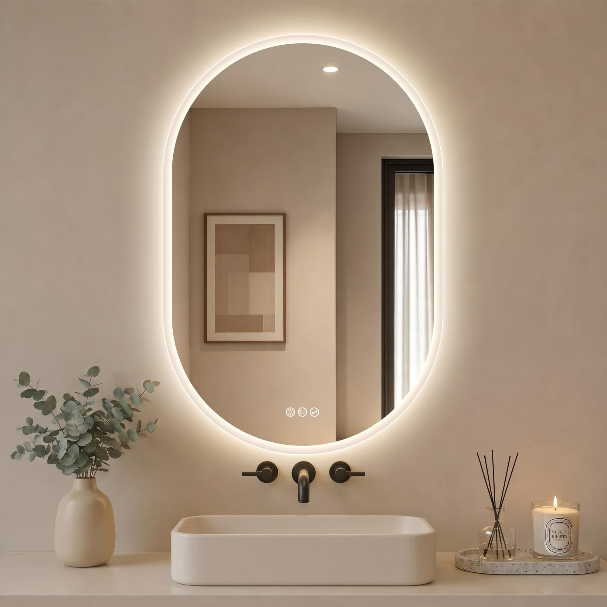 S'bagno Oval Bluetooth Bathroom Mirror with LED Lights 600x900mm, Anti-Fog, LED Bathroom Mirror with Memory, 3000K-6500K, Dimmable, HD Tempered Glass, IP44 Waterproof, Horizontal or Vertical — image 1