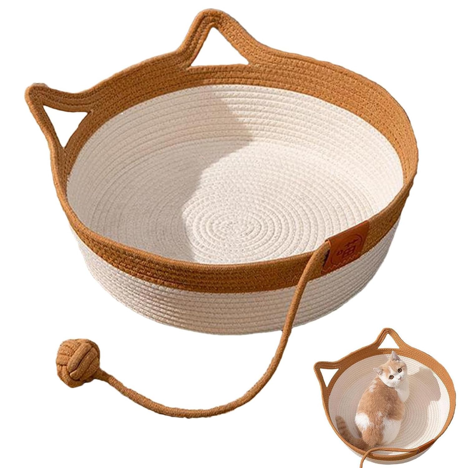 MEISO Lit pour chat intérieur en coton tissé à la main, panier avec queue de jouet, pliable et respirant (M)