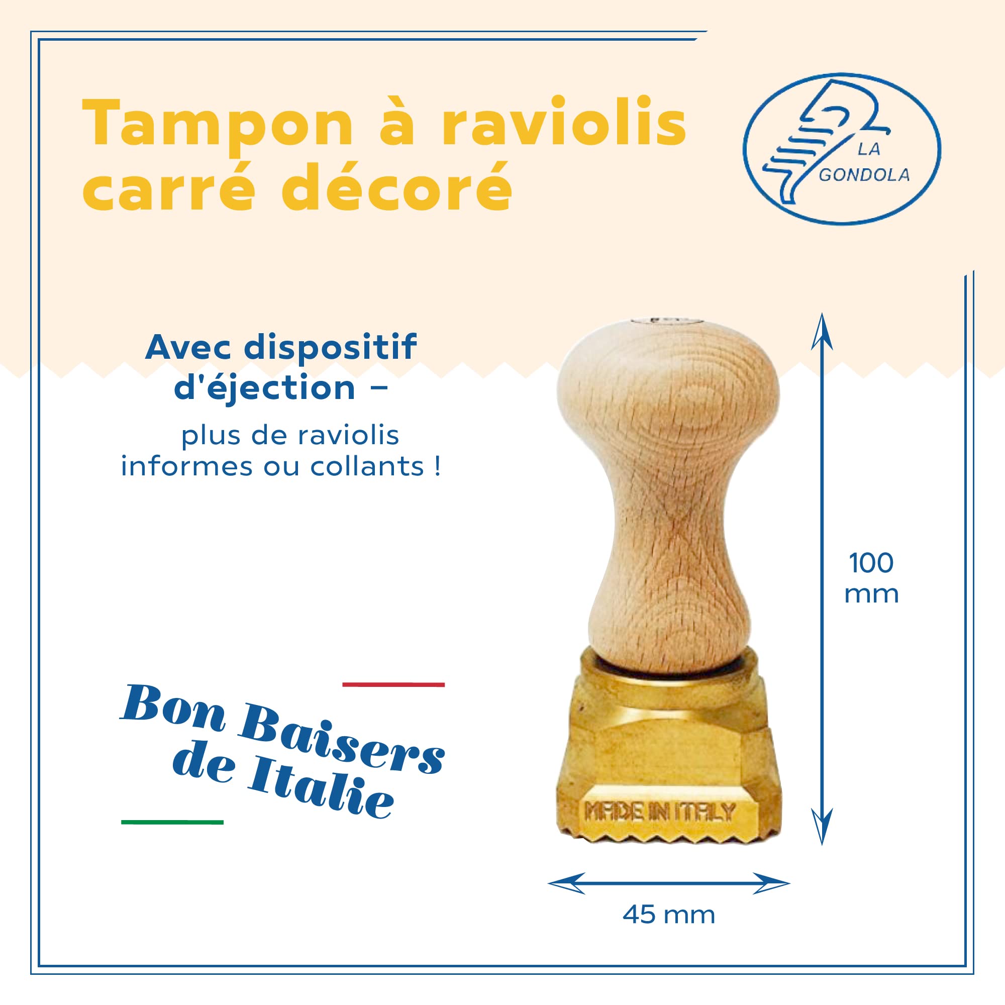 La Gondola Timbre à Ravioli - Carré Décoré 45x45mm | Outil de Préparation des Fait Maison Pâtes | Laiton & Bois Naturel | Robuste & Facile à Utiliser | Tampon à Raviolis Fabriqué en Italie