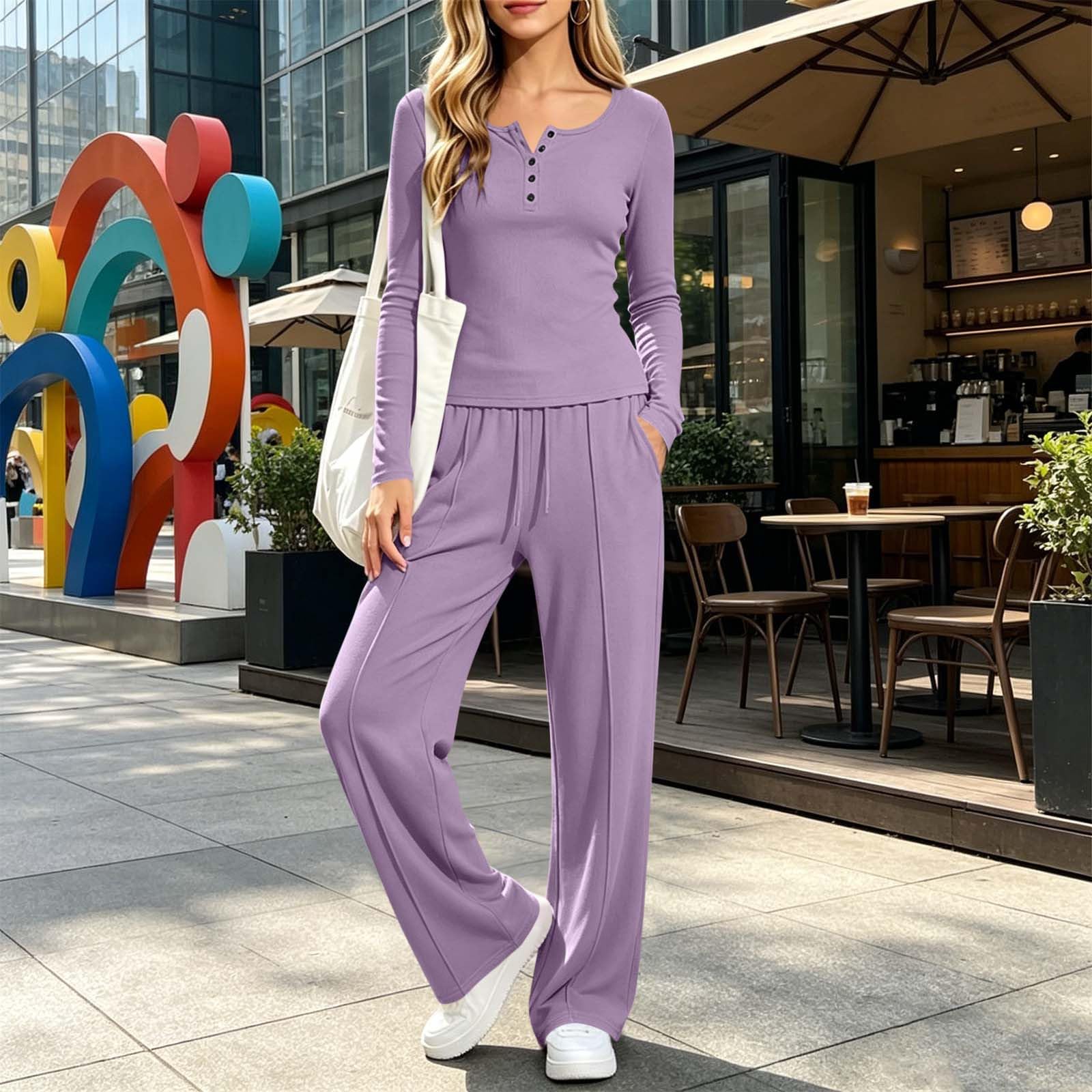 Chandal Mujer,Conjunto de Top Manga Larga y Pantalón Ancho con Bolsillos