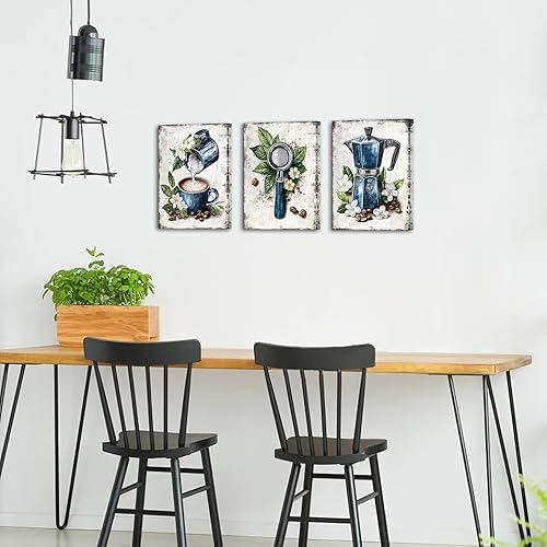 Miniatura 4 de KREATIVE ARTS Juego de 3 arte vintage de pared Caffe Tamper, póster para cafetera Moka Pot con arte moderno de flores y granos de café para cocina,