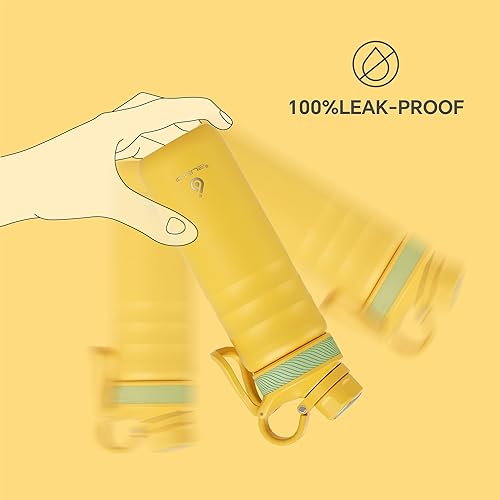 Miniatura 4 de IDEUS Botella de agua aislada de acero inoxidable con 2 tapas a prueba de fugas, termo para senderismo, ciclismo, 24 onzas, amarillo brillante