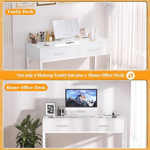 Miniatura 4 de Cyclysio Tocador con Espejo y Luces, Tocador de Maquillaje de 36'' con Toma de Corriente, Juego de Tocadores Pequeños Mesa de Tocador con Cajones