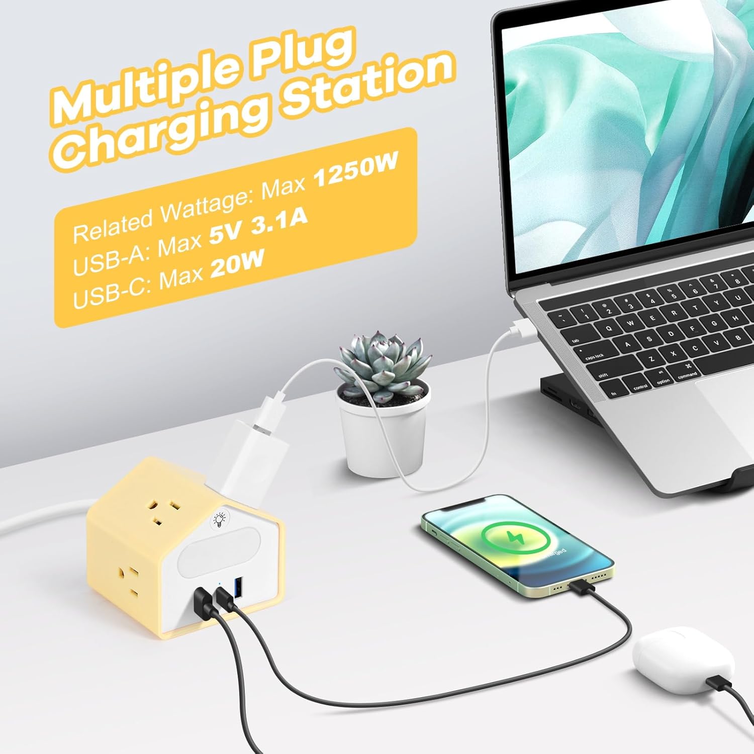 Handy Power Strip with Night Light - Yolk-Yellow Power Strip Surge Protector - 20W USB C Charging Station - 4 Outlets + 3 USB Ports for Desk, Nightstand, Couch, Makeup, Electronic Accessories