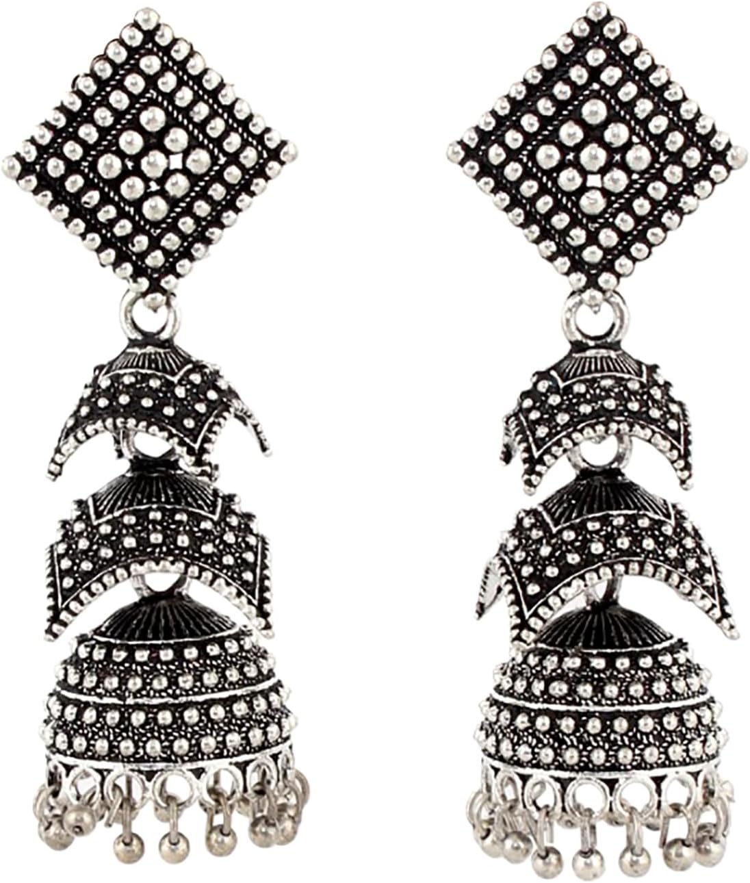 LUCKY JEWELLERY Traditional Designer Jhumki Ethnic Oxidised Silver Black Polish Long Jhumka Earrings for Girls & Women (149-XJO-1840-S)