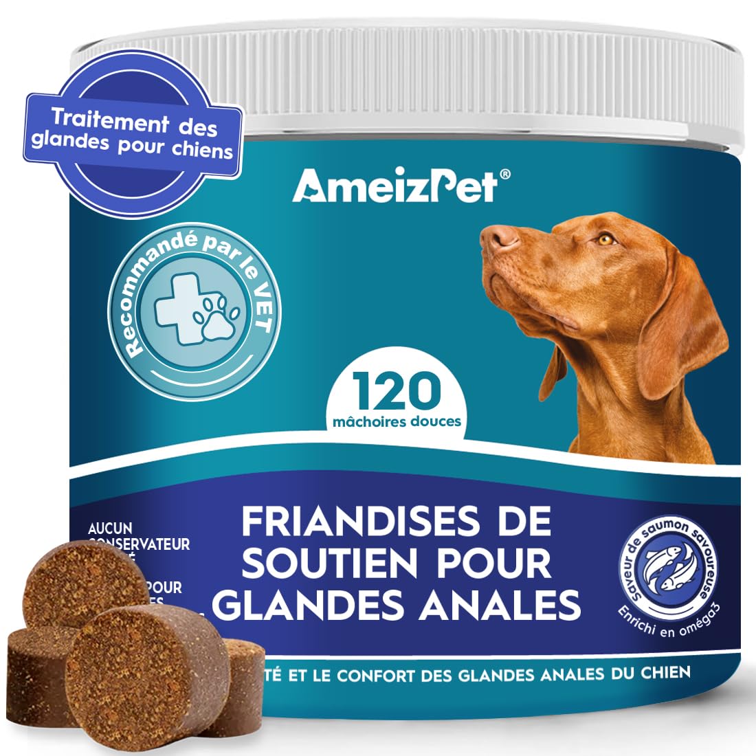 AmeizPet Traitement des Glandes Anales pour Chiens, Friandises Fonctionnelles en Fibres Digestives pour Les Glandes De Chiens, à Mâcher Sainement, 120 Friandises