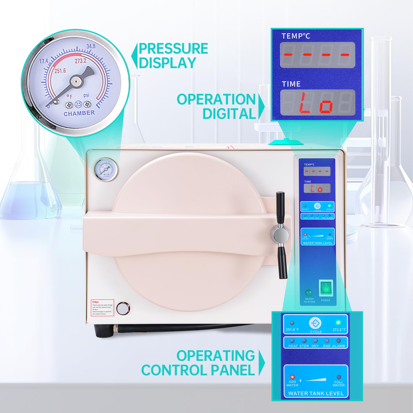 Autoclave de laboratorio de 18L TR250C con el tanque de almacenamiento de agua de la función de secado