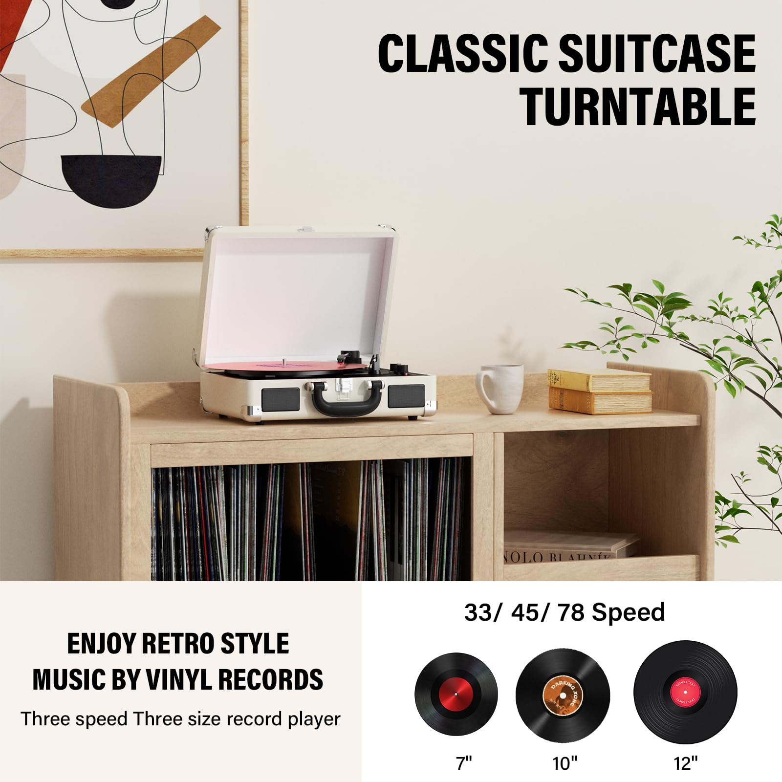 Plattenspieler,Mersoco Vinyl-Bluetooth-Plattenspieler, tragbarer Schallplattenspieler mit integrierten Lautsprechern und 3Geschwindigkeiten, Vintage-Koffer mit RCA-Ausgang, AUX-Eingang