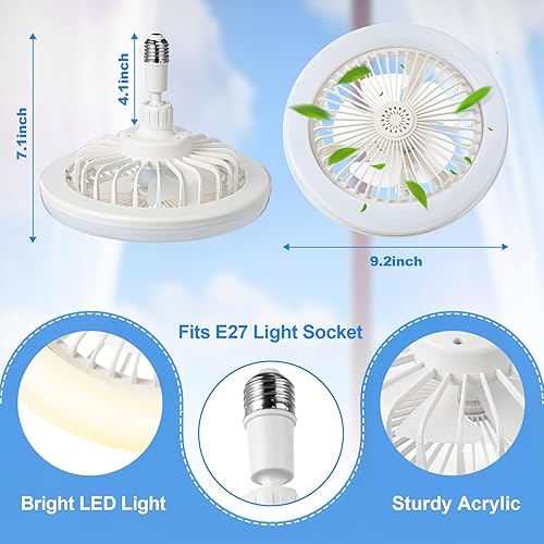 Miniatura 2 de Saillong Paquete de 2 ventiladores de techo cerrados con luz y control remoto, ventiladores de techo E27 de 10 pulgadas sin aspas con luz LED de