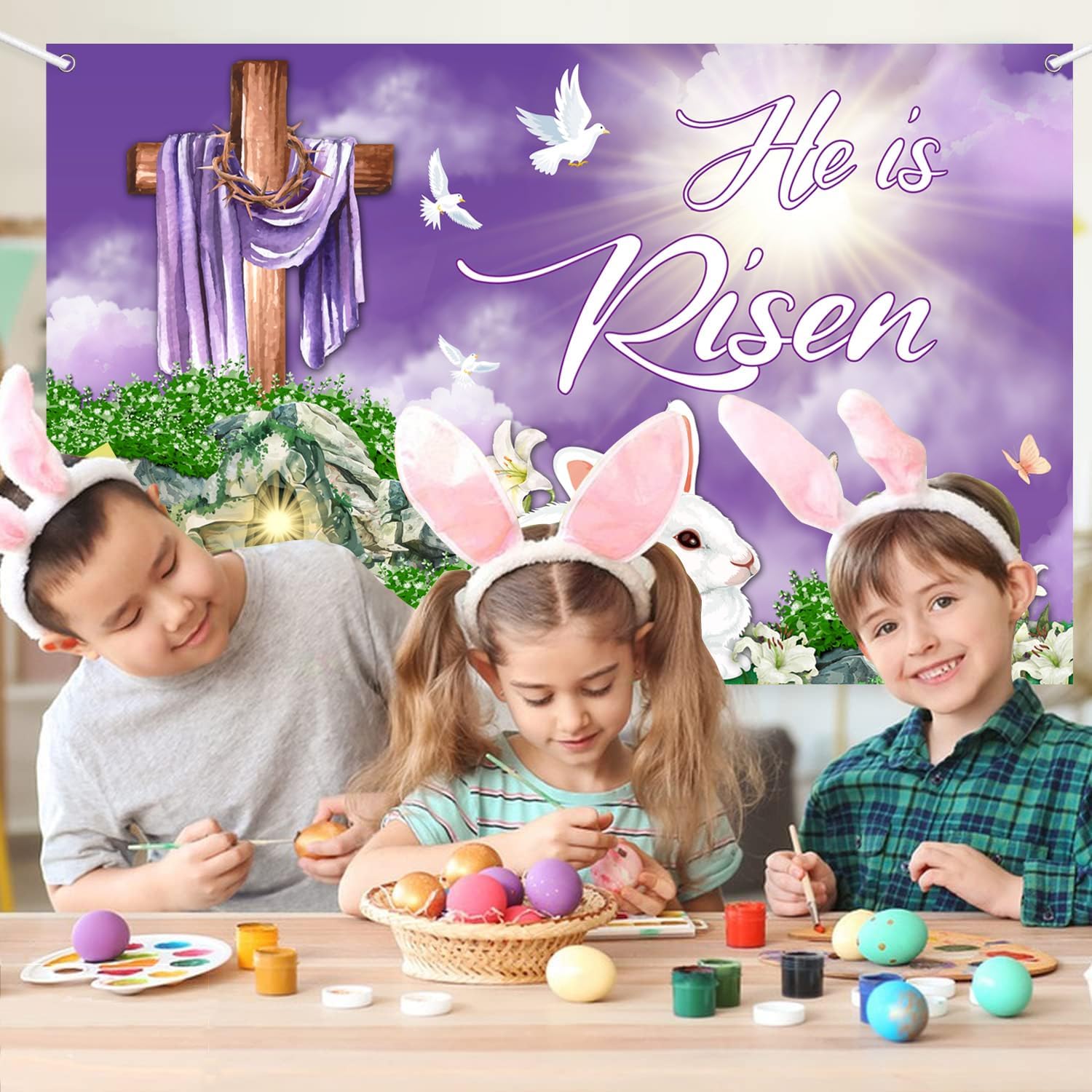 Easter He is Risen Banner Backdrop, Easter He is Risen Jesus Decorations, Christian Cross Lily Jesus Photography Background for Easter Day Decor