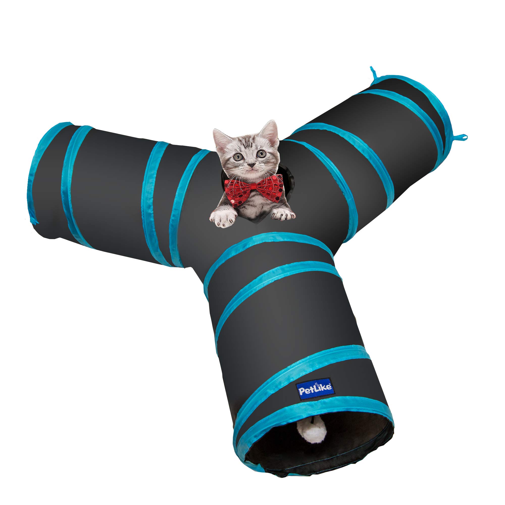 PetLike 3 Way Cat Tunnel Crinkle Collapsible Pet Tube Hideaway Interactive Play Toy with Ball 9.8"x13.8" Black 14877080