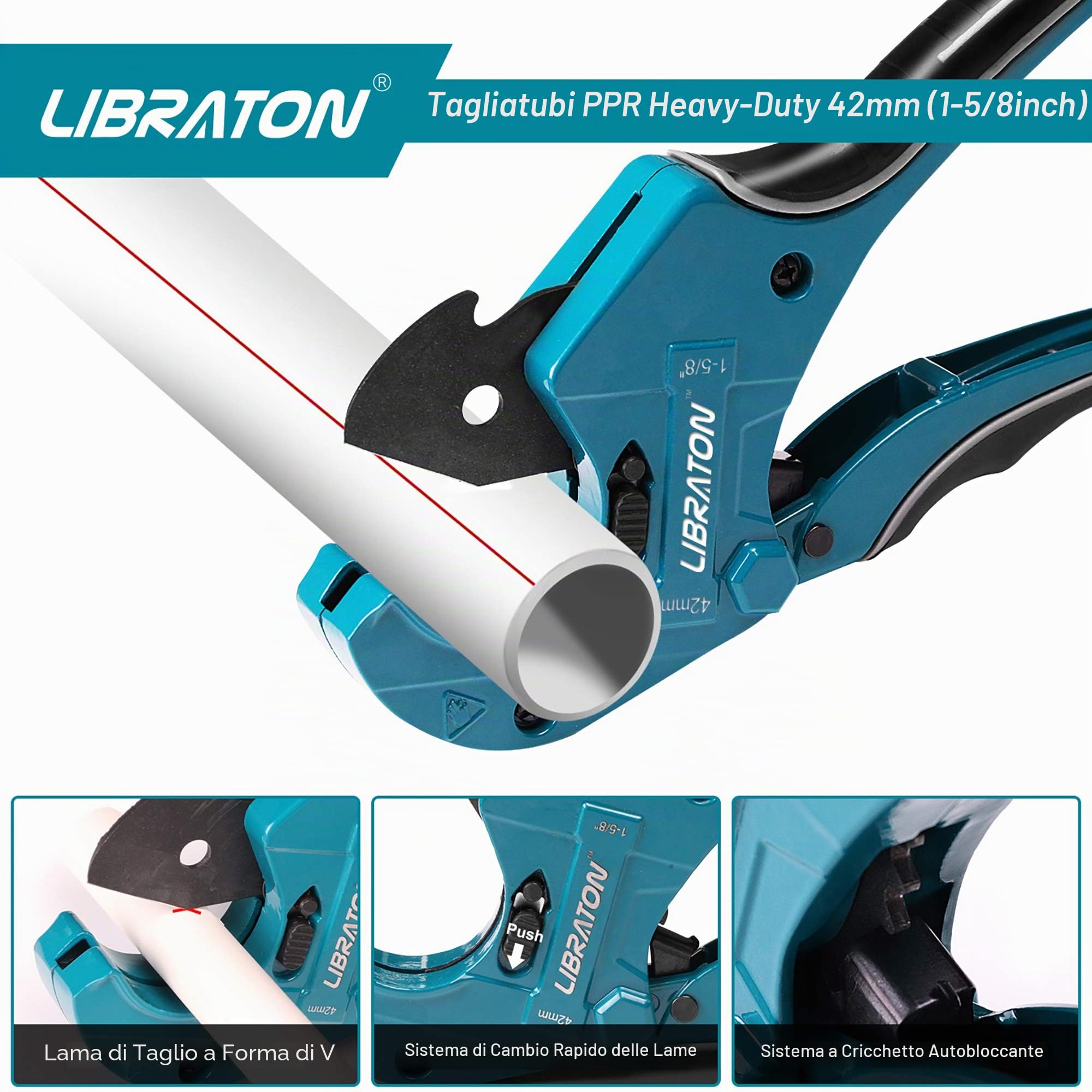 Libraton PVC Tagliatubi, 42mm Taglierina per tubi in PVC, Macchina da Taglio a Cricchetto per Tagliare di Tubi in PVC, PPR, PEX, Idraulici