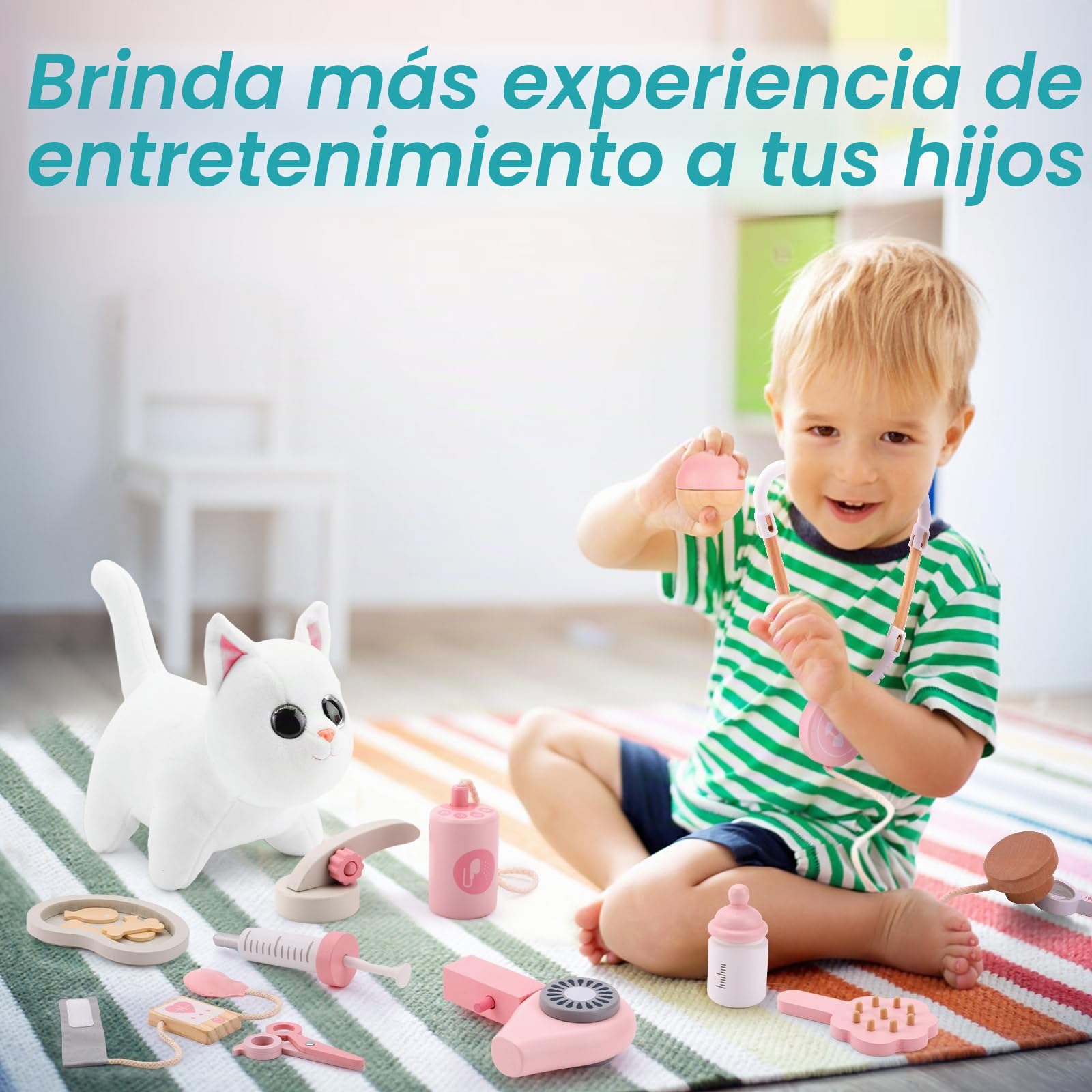 UMU® - Juego de 37 Juguetes Veterinarios de Madera para niños con Gato de Peluche, Estetoscopio, tenómetro, etc. Juguete Veterinario para niños y niñas de 3, 4, 5 años