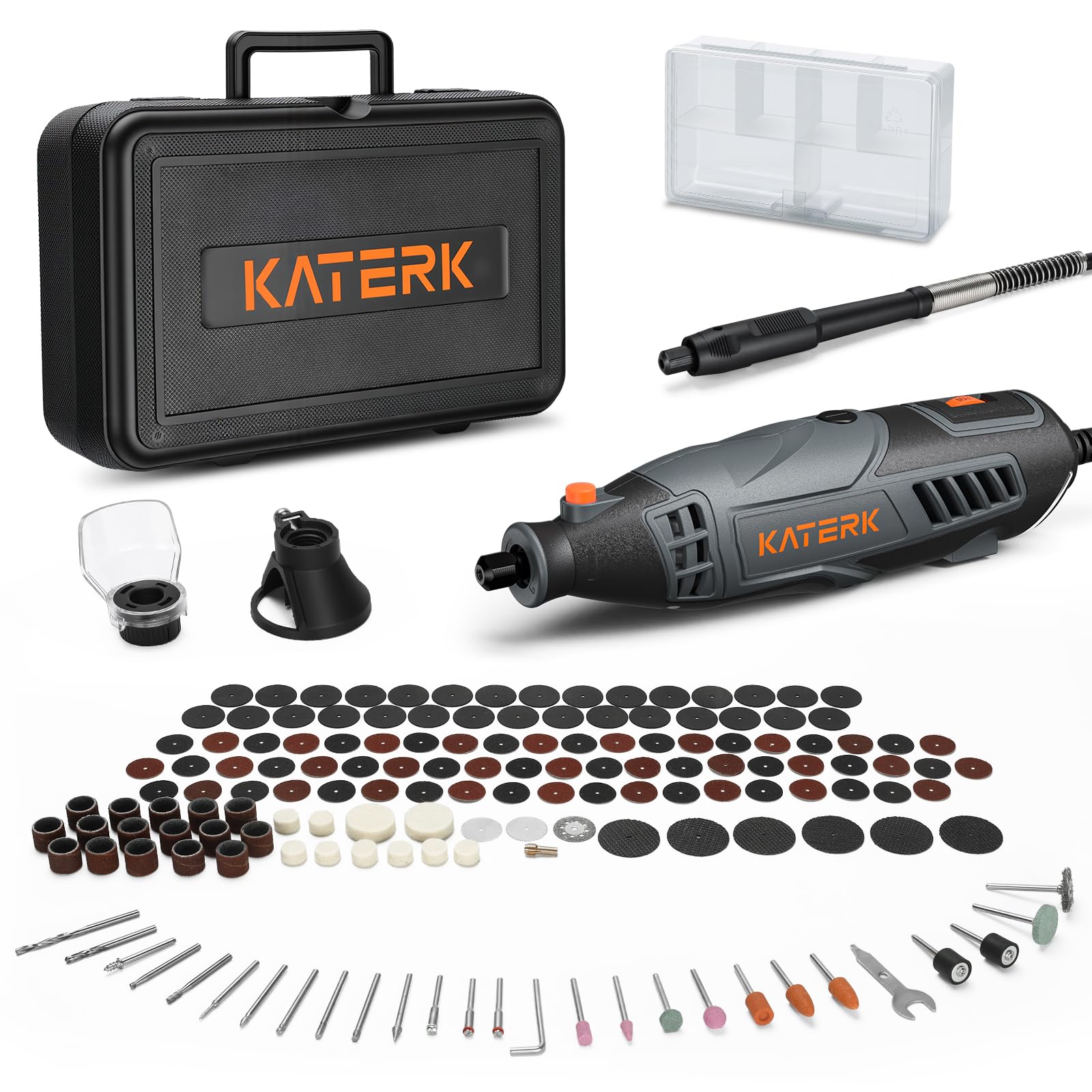 Katerk Rotary Tool demonstrating its 160W motor and 7-speed adjustment from 8000 RPM to 35000 RPM, with sparks flying from a metal chain.