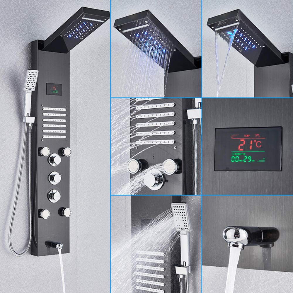 Pannello Doccia LED Nero con Display LCD, Cascata a Pioggia e getti Portatili, Sistema di Colonna di Montaggio a Parete della valvola Ceramica