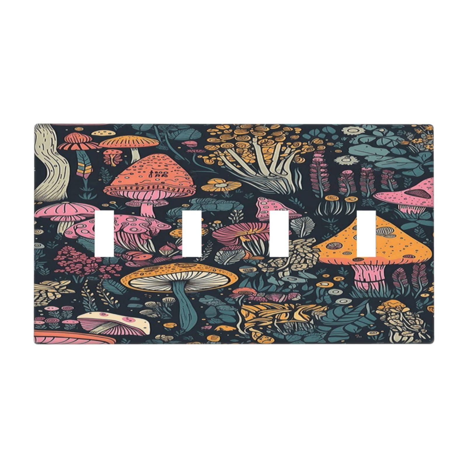 LOLREAI Decorative Light Switch Cover Plate Colorful Cute Whimsical Mushroom Forest 4 Gang Wall Plates Quad Toggle Electrical Switch Plate Covers Outlet Covers Faceplate for Home Decor