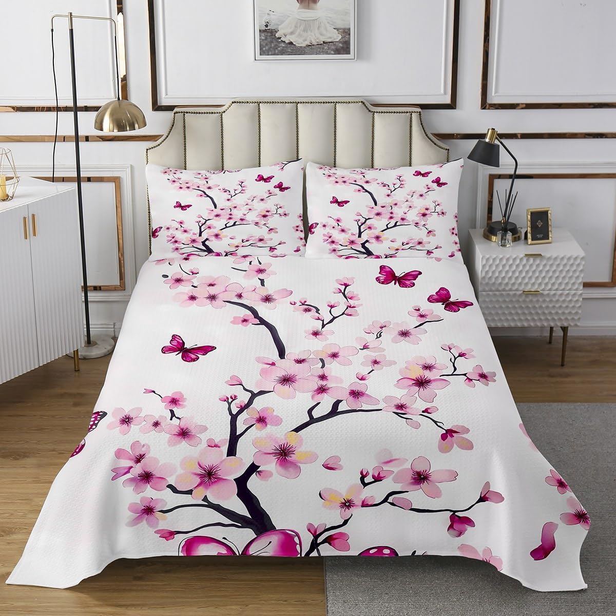 Erosebridal Cherry Blossom King Bedding Set,Spring Elegant Flowers Butterfly Bedspread Set for Girls Women,Girly Japanese Style Coverlet Set,Botanical Floral Bed Set,Pink Purple