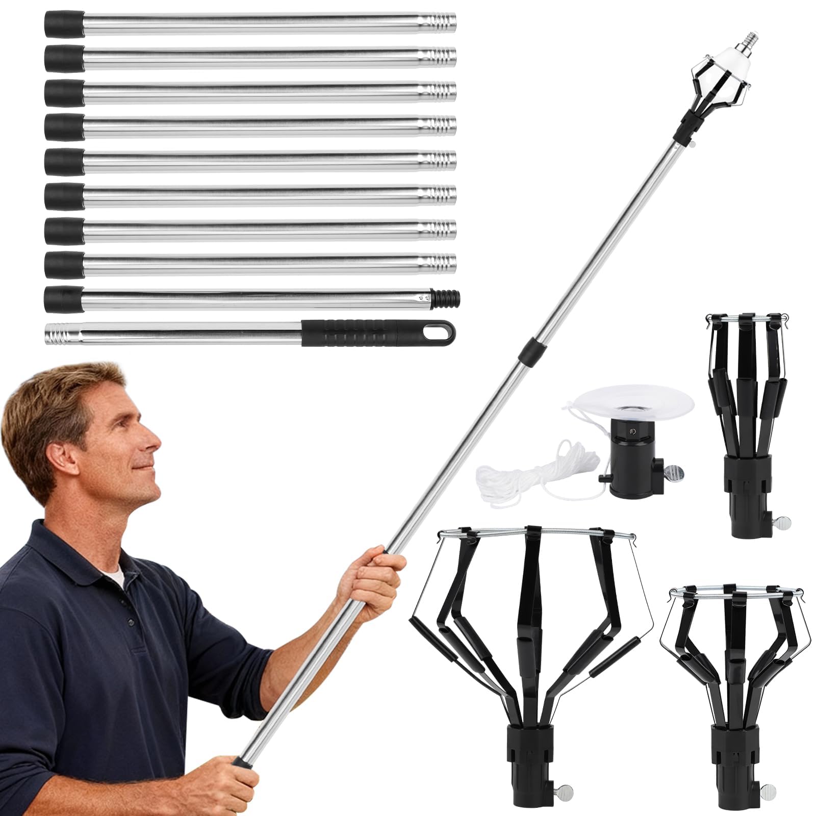 GAESHOW 4Pcs Ceiling Light Bulb Changer, 12FT Light Bulb Changer for High Ceilings and Recessed Lights, Extendable Bulb Changer with Grippers and Suction Cup for Household