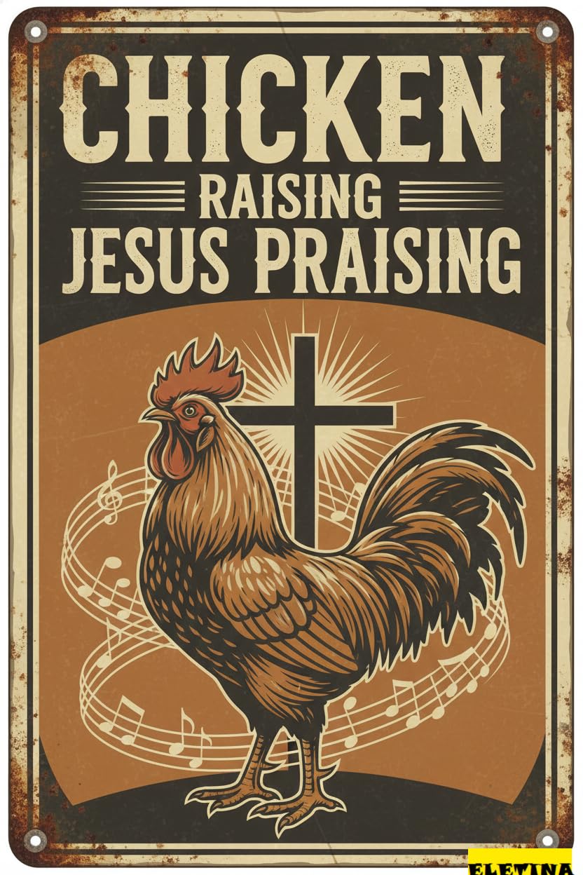 Chicken Raising Jesus Praising Tin Sign, 8x12 Inch