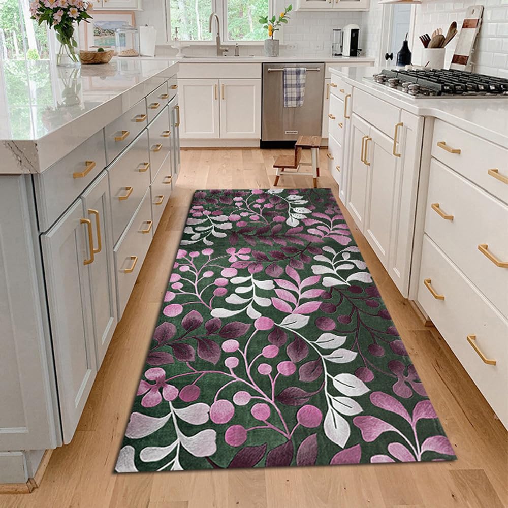 Passatoia Cucina Lavabile 2 metri Gris rose vert Motivo foglia in 3D Tappeto Cucina Tappeto Antiscivolo Cucina Durevole Tappeto Corridoio Lungo Tappeto Per Cucina,Soggiorno，60x200cm