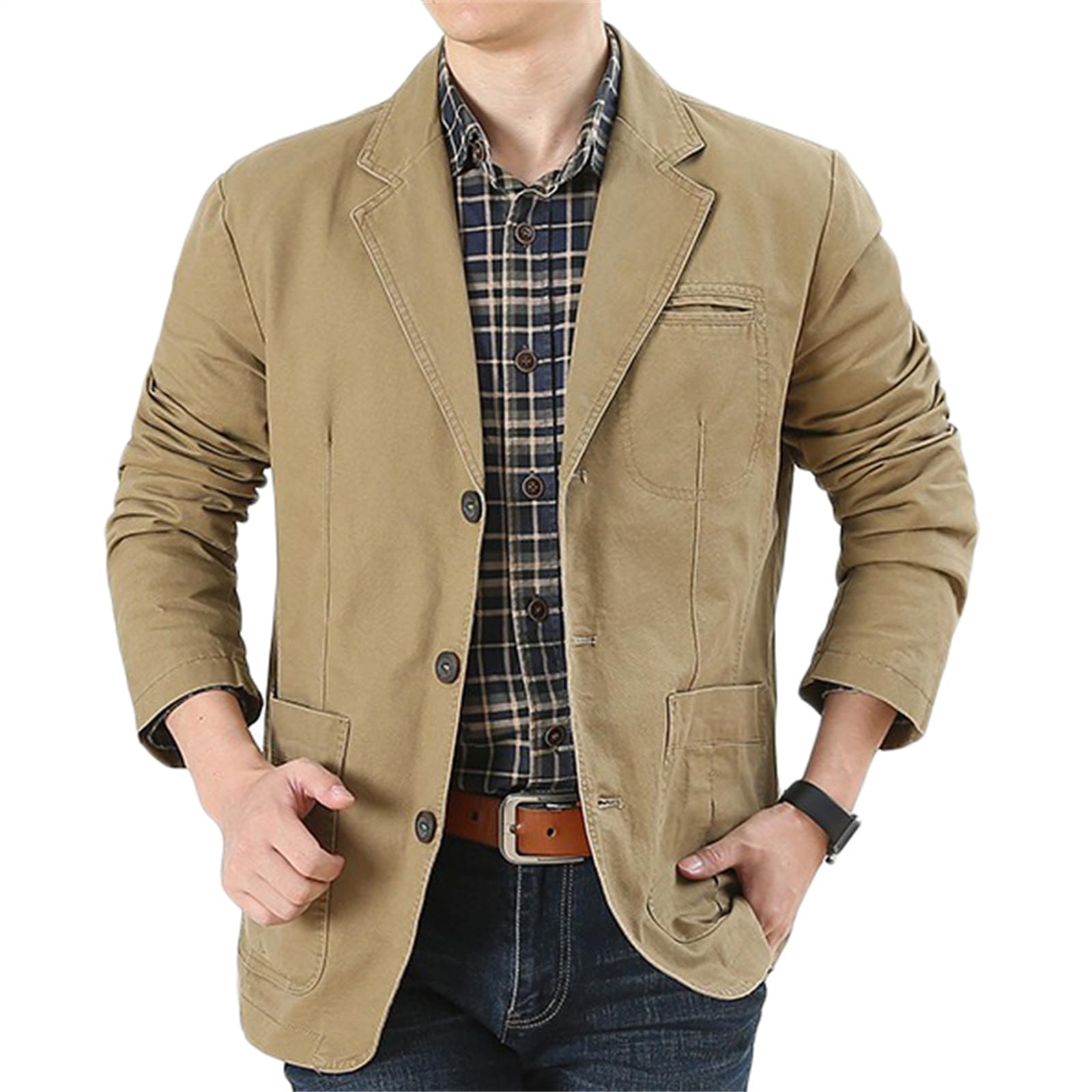 Chaqueta de Traje de algodón Lavado Casual Retro de 3 Botones para Hombres Chaqueta de Trabajo Ligera Chaqueta Deportiva