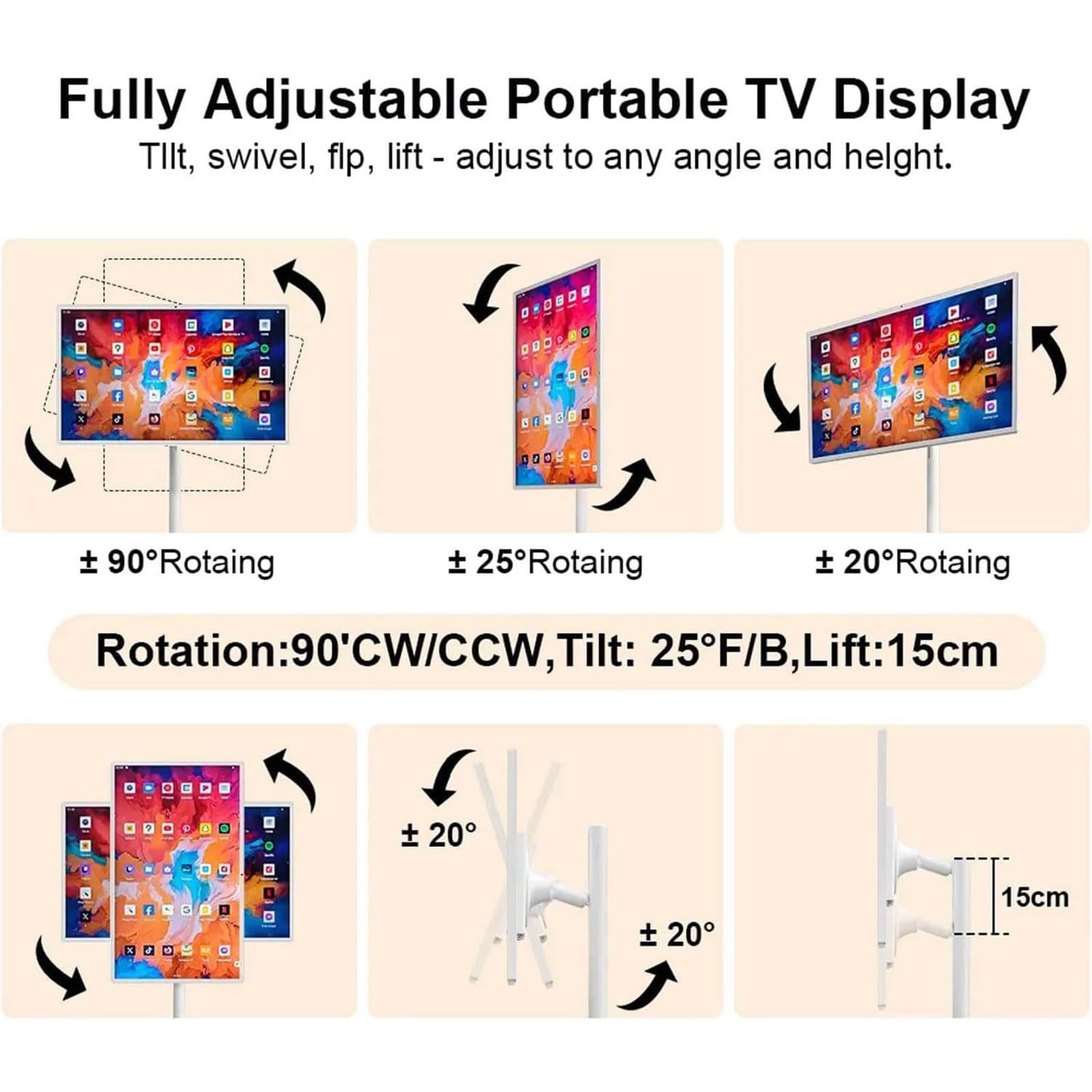 Smart TV Portatile da Esterno da 21.5/24/27/32" 1920x1080, 8+128 GB di RAM, Fotocamera da 13 MP, Proiezione su Schermo Wireless, Trasmissione in Diretta, Touch Capacitivo Completo 27in