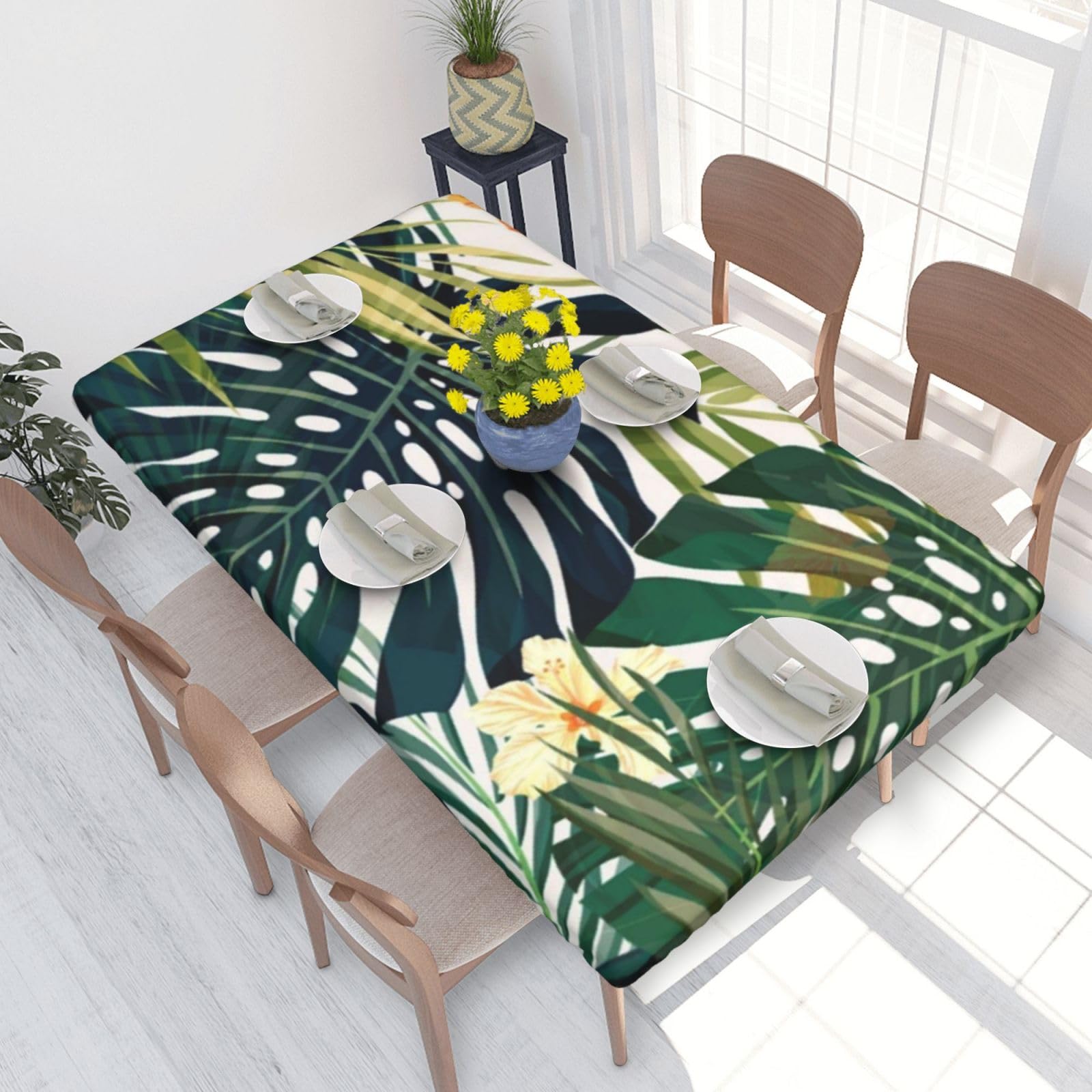 BNVSADC Tropical Summer Hawaiian Flower Palm Leaves Printed 4FT Tablecloth 122x76 CM Polyester Kitchen Water Resistant Table Cloth Dining Table Decoration Table Covers