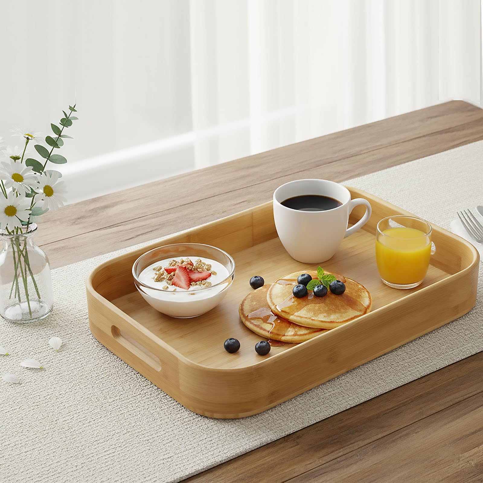 Dicunoy 2er Set Bambus Serviertablett,Massivholz Frühstückstablett mit Griffen,Große Bambus Essen Tablett Ideal für Abendessen, Tee, Kaffee, Bar, Partys (40 x 28 x 5 cm,33 x 22 x 4 cm)