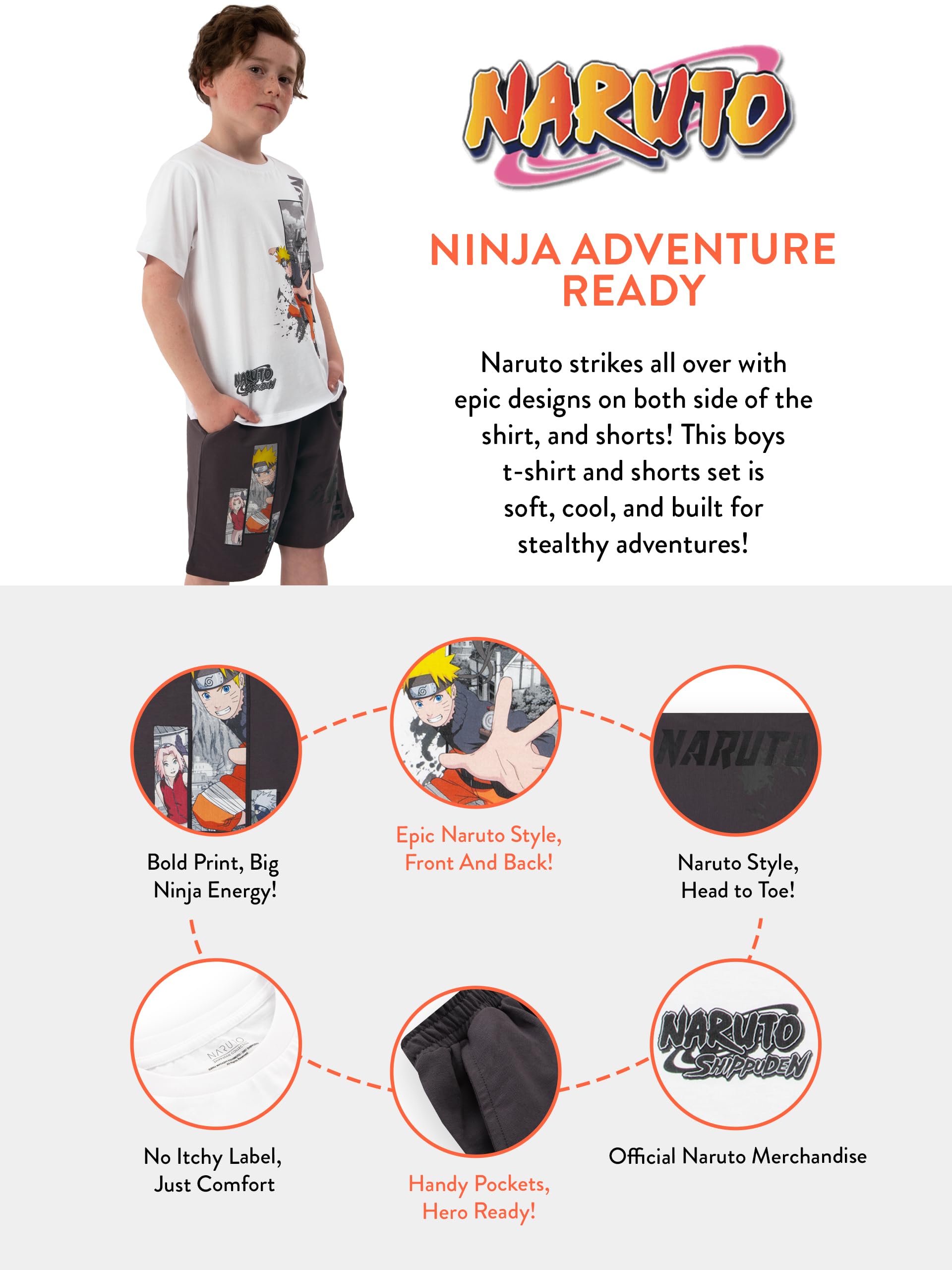 Naruto Set Tshirt Bambino E Shorts, Set Maglietta Ragazzo E Pantaloncini Anime, Abbigliamento Bambino Coordinato