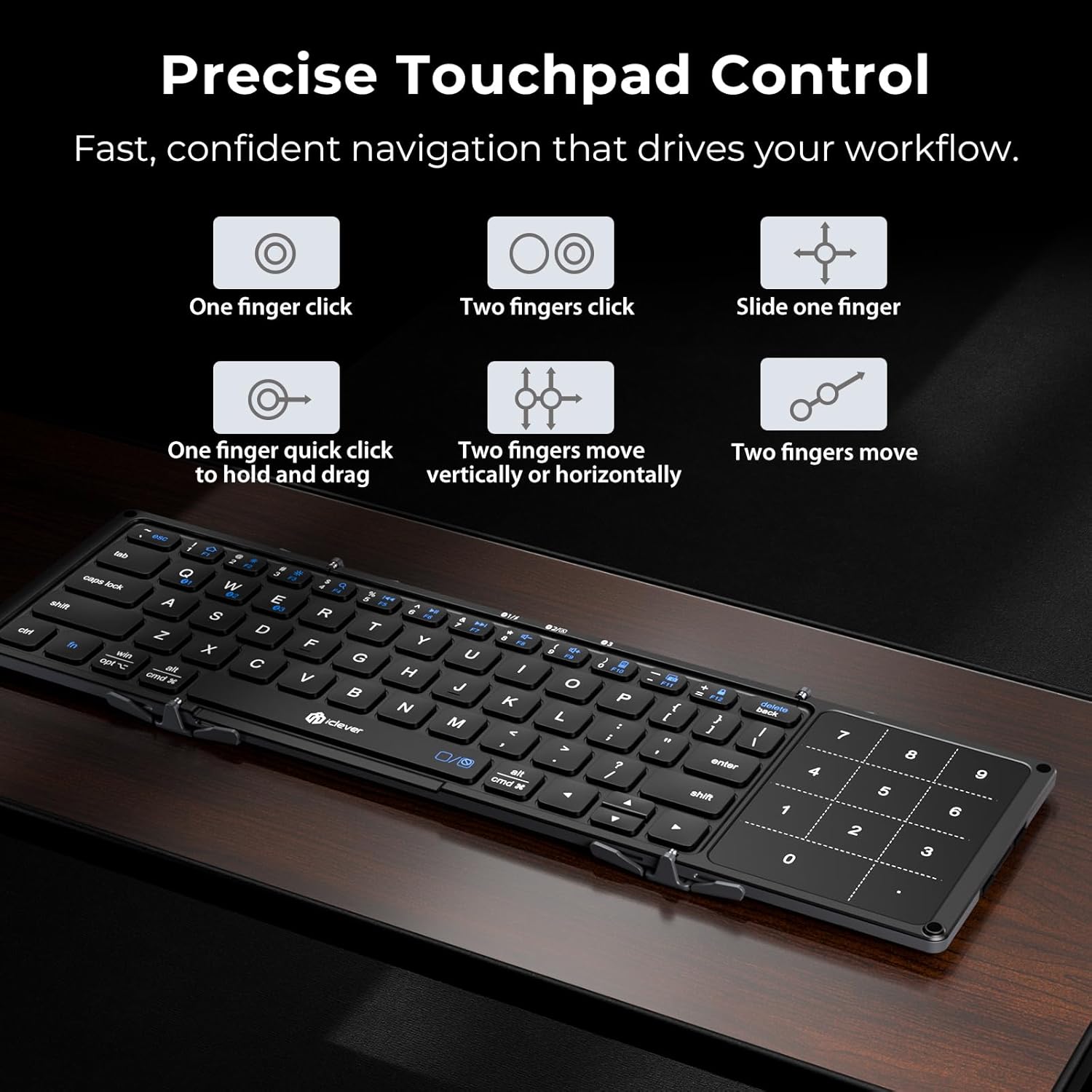 iClever Foldable Bluetooth Keyboard, BK18 Portable Keyboard with Touchpad and Number Pad, Rechargrable Folding Wireless Travel Keypad Compatible with iPad, iPhone, Smartphone, Tablet, Laptop - Image 2