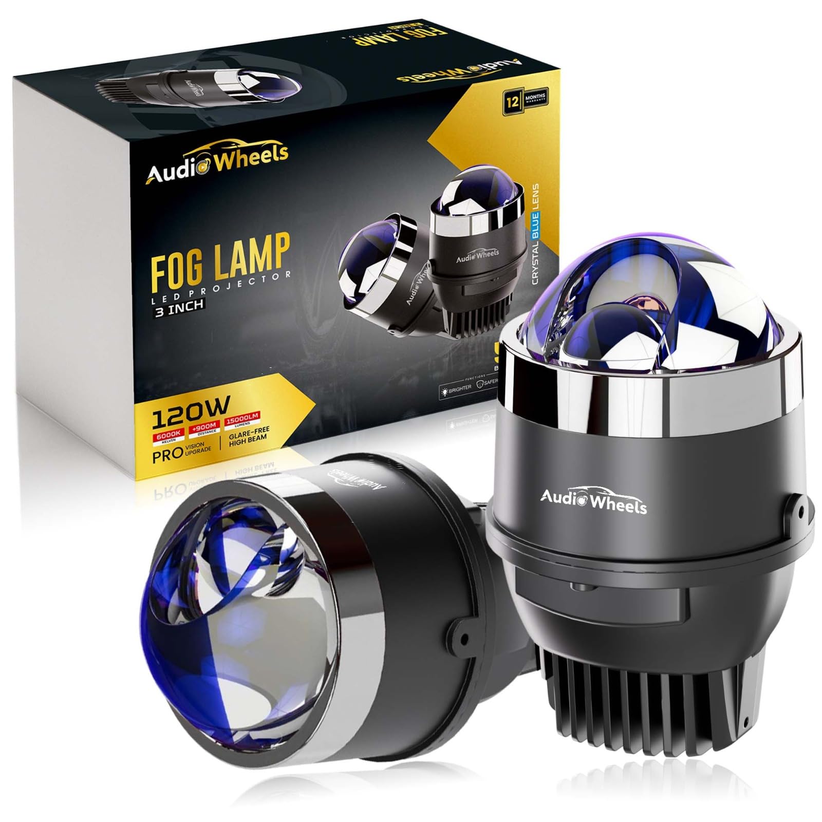 Audio Wheels 3" Universal LED Projector Fog Lamp - 120W Single-Beam | Tri-Color (White/Warm White/Yellow) 15,000LM Projector Light with Blue Film | 12V/24V Car Driving Lamp for Vehicle Modification-image-35