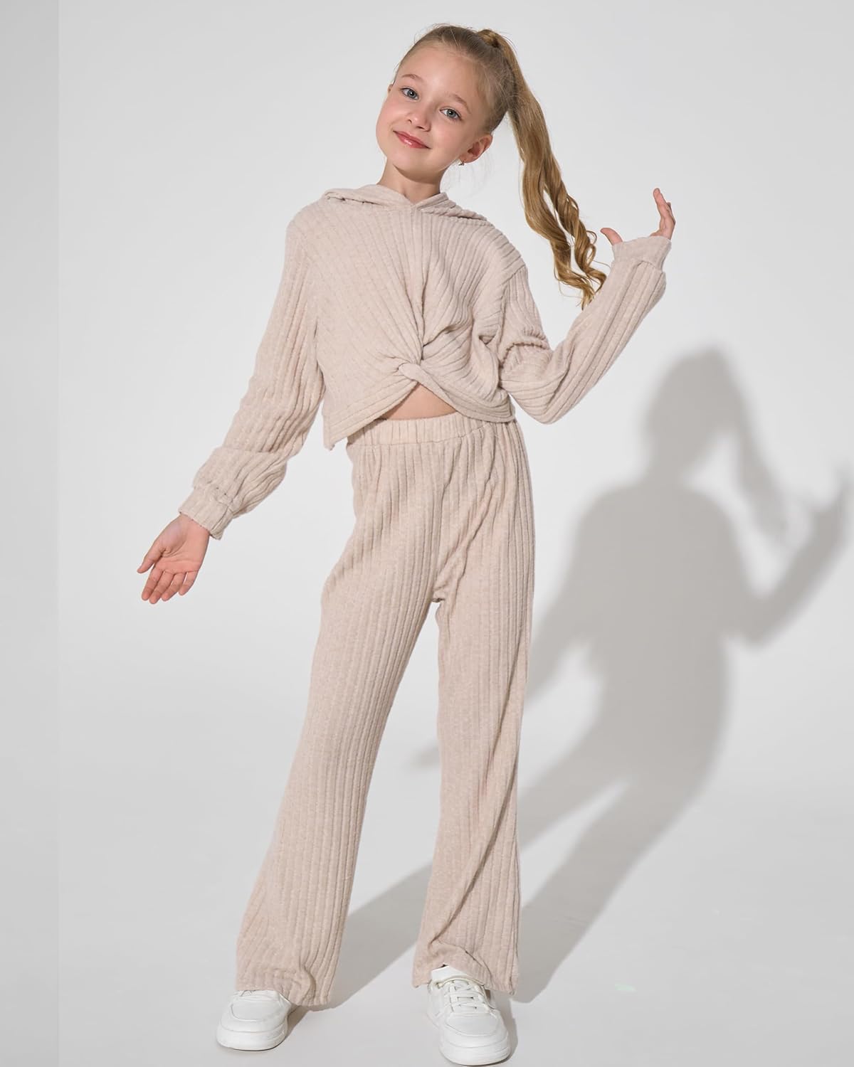 XUANHAO Girls Clothes Fall Winter Teen Outfits for Girl Rib Knit Twist Front Hoodie Flare Pants Sweatsuit Girls Clothing Set - Image 2